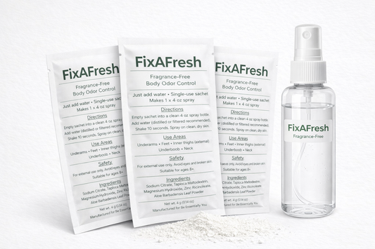 FixAFresh™ Travel Body Care Kit – 3 Sachets + Refillable Spray Bottle