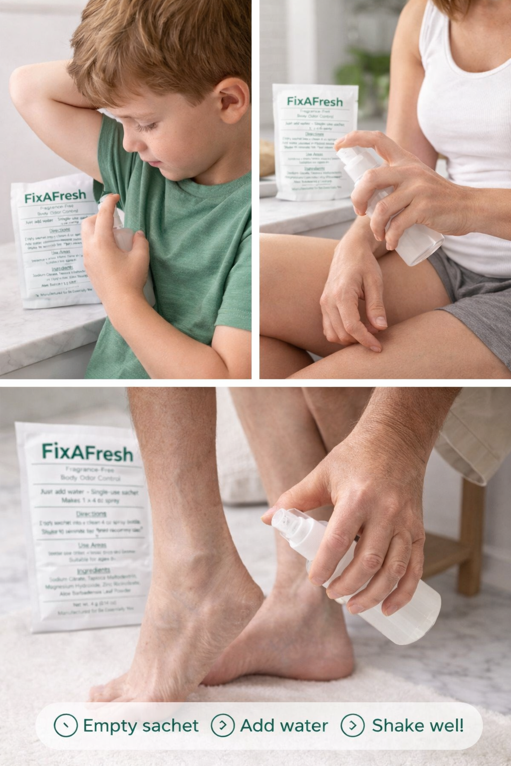 FixAFresh™ Travel Body Care Kit – 3 Sachets + Refillable Spray Bottle