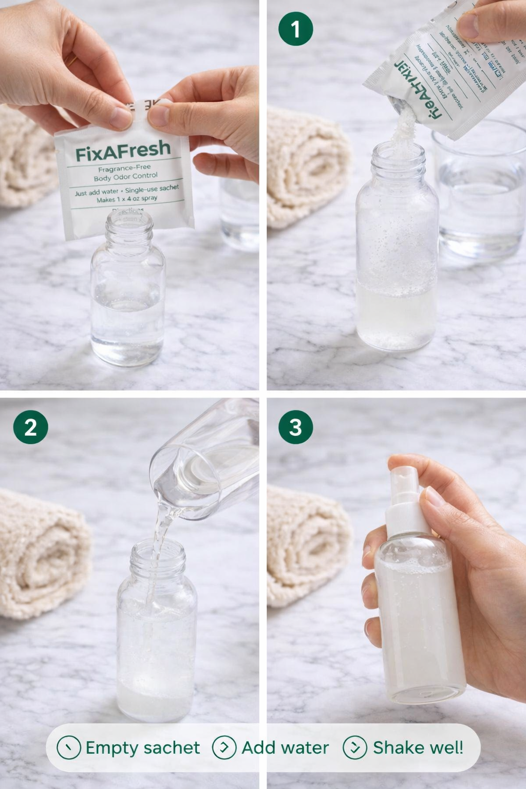 FixAFresh™ Travel Body Care Kit – 3 Sachets + Refillable Spray Bottle