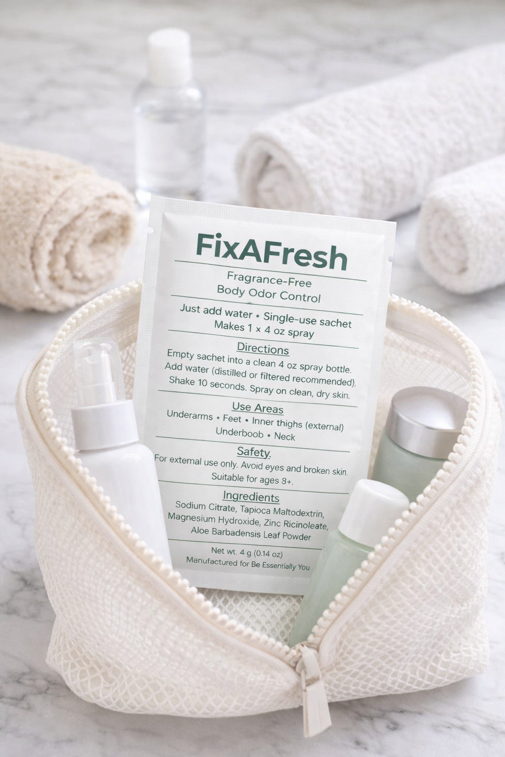 FixAFresh™ Travel Body Care Kit – 3 Sachets + Refillable Spray Bottle